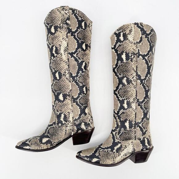 Loeffler Randall Dylan Tall Sand Snakeskin Embossed Block Heel Western Boot sz 6 - Picture 4 of 11